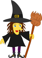 I cute illustration of a witch wearing a black dress and black pointed hat. Her stockings are striped purple and black, and her shoes have oddly pointed toes. She holds a crooked broom in one hand.