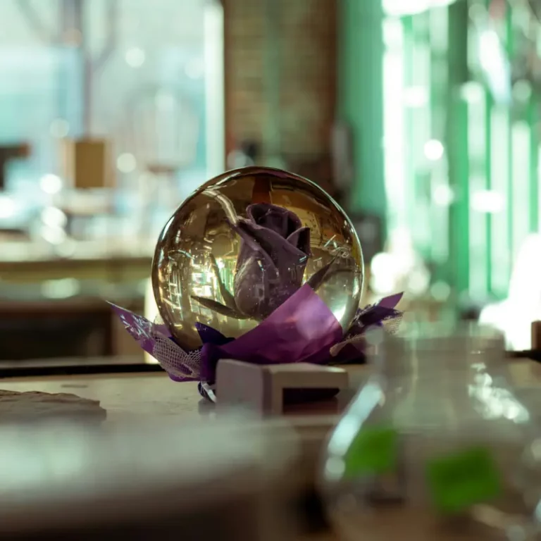 Crystal ball with a rose inside standing on a table, in the foreground is blurred out jars.