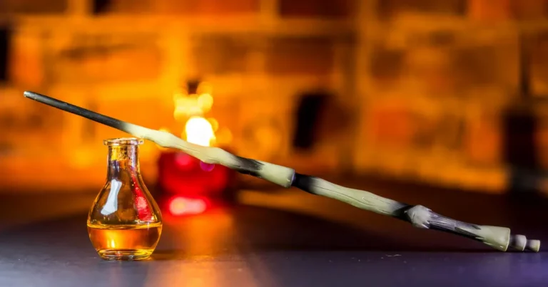 Ornate wand leaning against a potion jar. The background lit by candle-light.