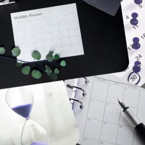 monthly planner, hour glass, calendar all on top of each other. The crazy rush, is life fated or do we have free will?