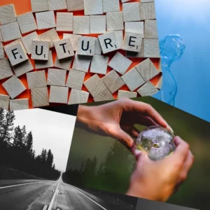 Images on top of each other illustrating the future, the risk and trying to predict the future instead of rather getting clarity of the here and now.