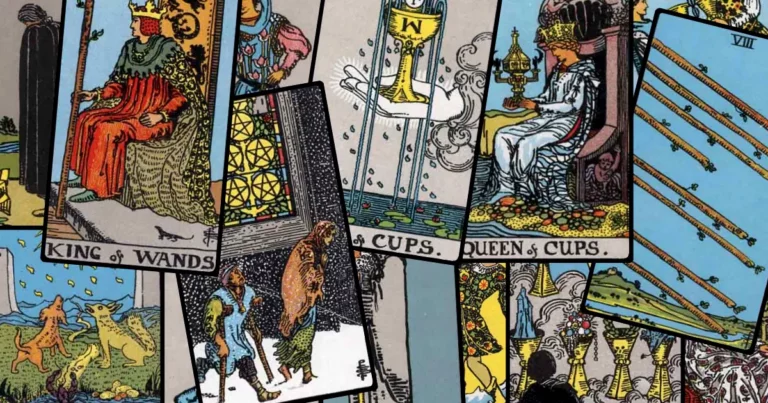 A scattered spread of Rider-Waite tarot cards including the King of Wands, Queen of Cups, The Moon, and Five of Pentacles – symbolising the emotional and ethical depth behind tarot readings.