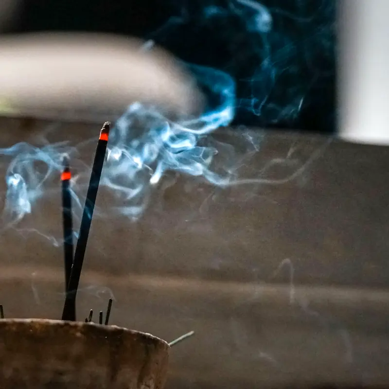 Smoke swirls from two incense sticks, symbolic of cleansing the energy in the space.